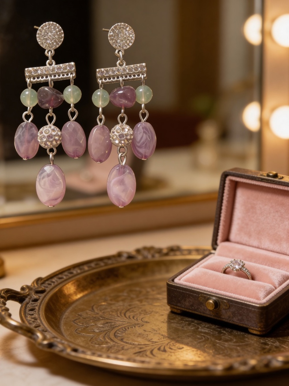 Lavender & Light Green Glass Bead Chandelier Earrings – Silver-Tone Sparkle